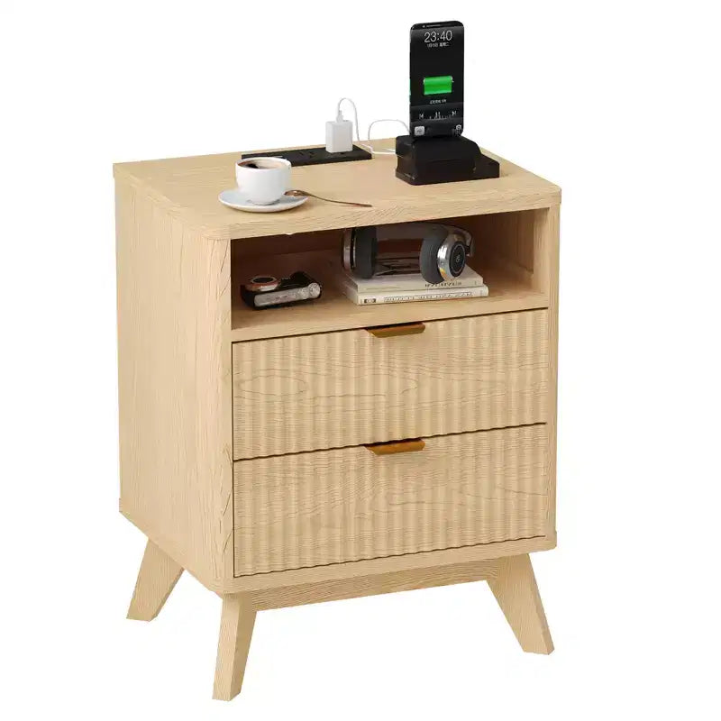 Comodino scanalato moderno con stazione di ricarica USB e 2 cassetti, tavolino laterale per camera da letto, soggiorno, ufficio domestico