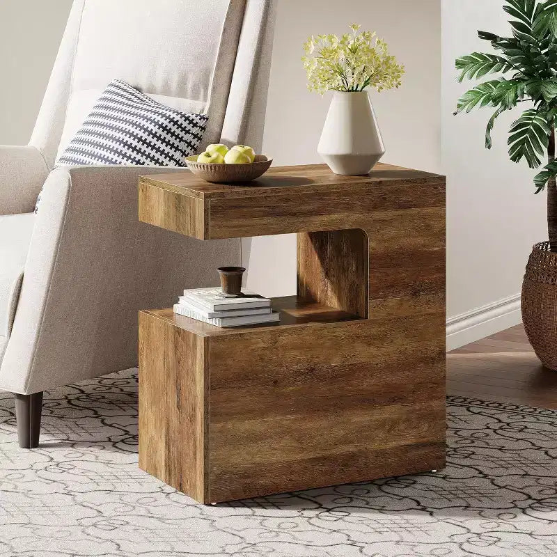 Tavolino a C, 65 cm, tavolino laterale da divano con ripiano portaoggetti a 2 livelli, stile rustico, marrone