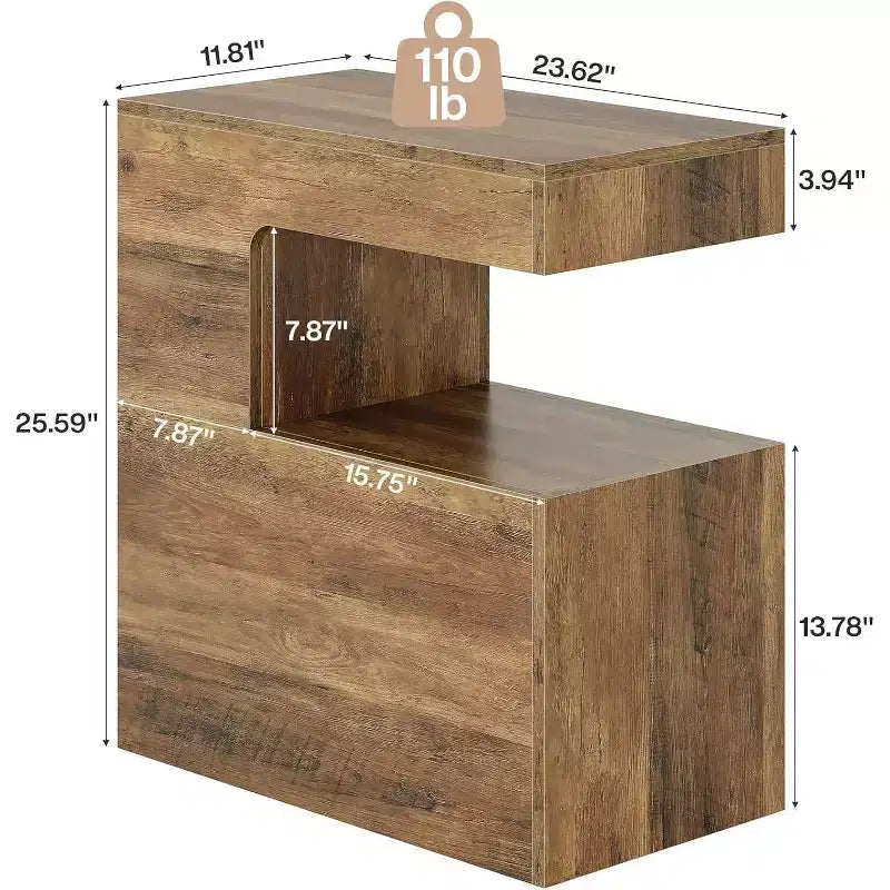 Tavolino a C, 65 cm, tavolino laterale da divano con ripiano portaoggetti a 2 livelli, stile rustico, marrone