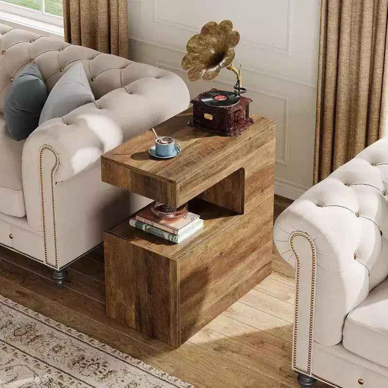 Tavolino a C, 65 cm, tavolino laterale da divano con ripiano portaoggetti a 2 livelli, stile rustico, marrone