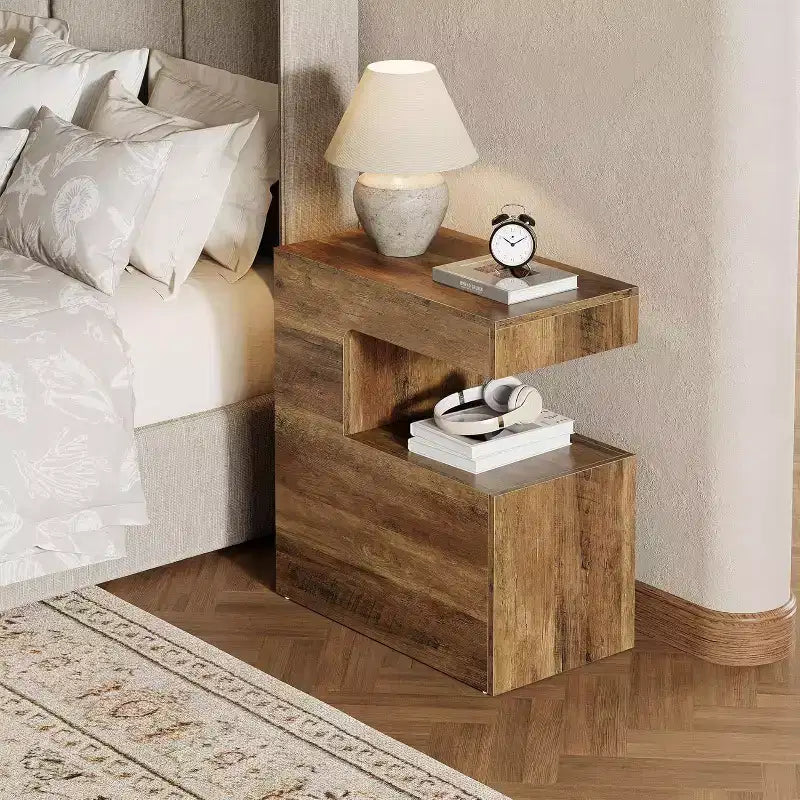 Tavolino a C, 65 cm, tavolino laterale da divano con ripiano portaoggetti a 2 livelli, stile rustico, marrone