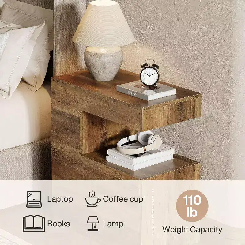 Tavolino a C, 65 cm, tavolino laterale da divano con ripiano portaoggetti a 2 livelli, stile rustico, marrone
