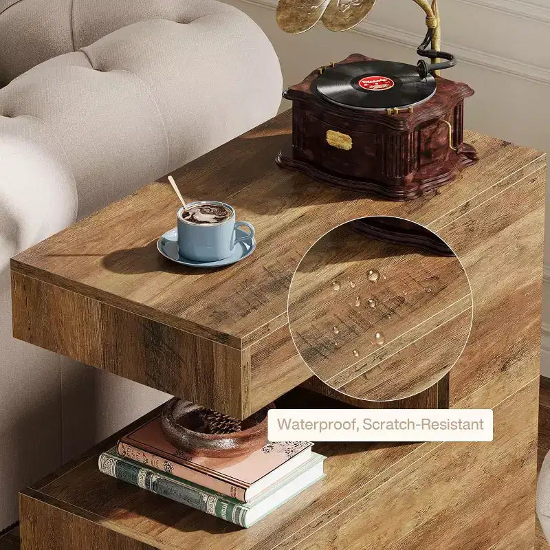 Tavolino a C, 65 cm, tavolino laterale da divano con ripiano portaoggetti a 2 livelli, stile rustico, marrone