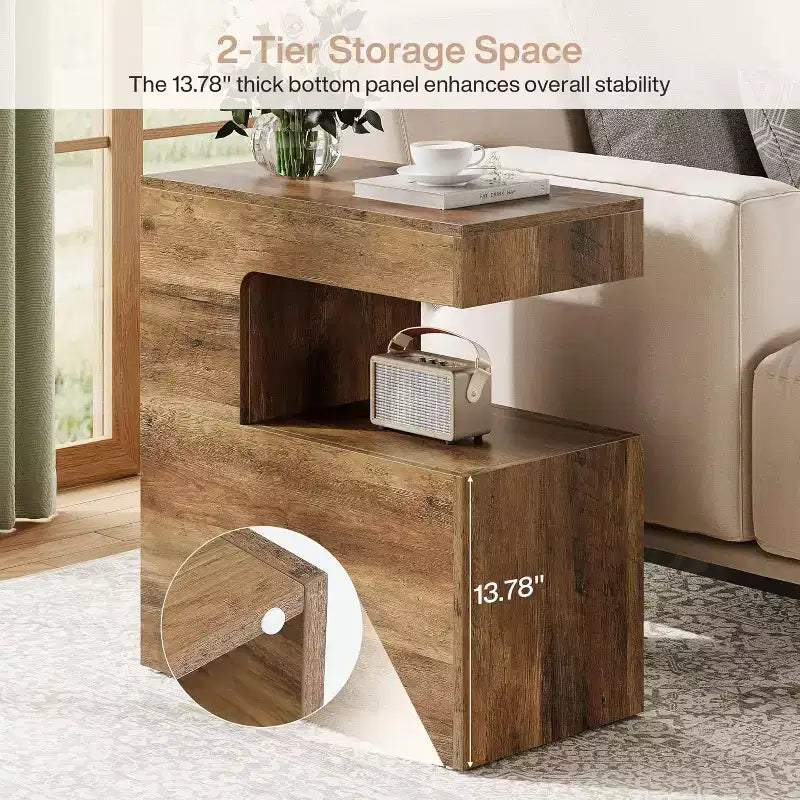 Tavolino a C, 65 cm, tavolino laterale da divano con ripiano portaoggetti a 2 livelli, stile rustico, marrone