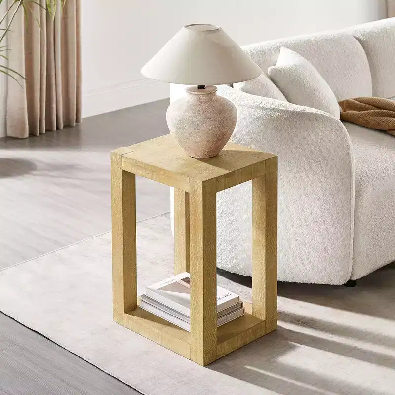 Tavolino Celeste da Divano Geometrico a Giorno in Legno Rustico, Marrone
