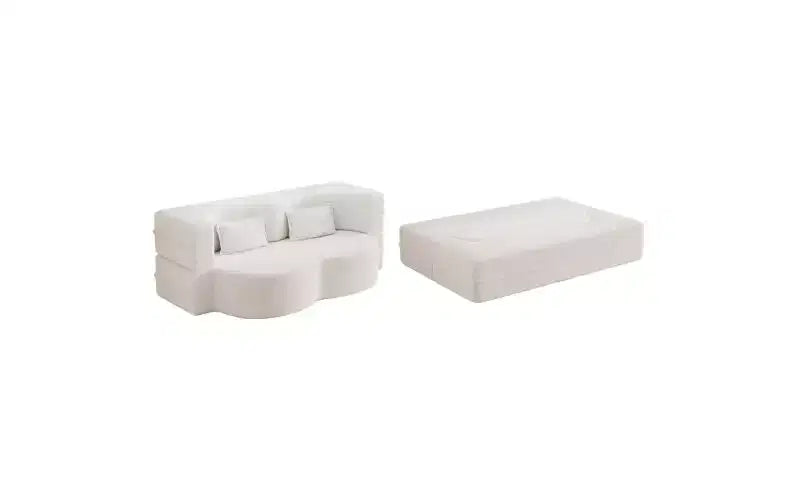 Divano moderno da terra con 2 cuscini, divano letto convertibile in tessuto Teddy imbottito in schiuma per soggiorno