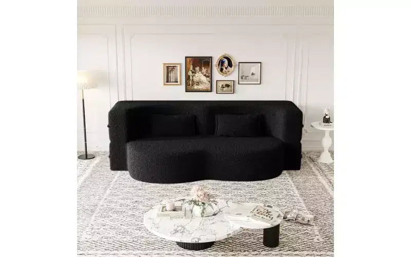 Divano moderno da terra con 2 cuscini, divano letto convertibile in tessuto Teddy imbottito in schiuma per soggiorno