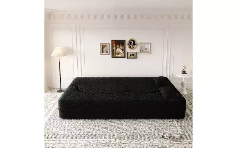 Divano moderno da terra con 2 cuscini, divano letto convertibile in tessuto Teddy imbottito in schiuma per soggiorno