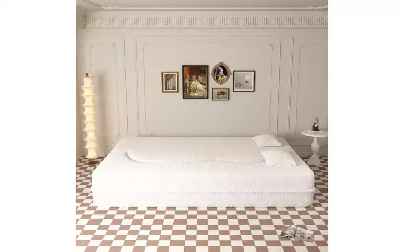 Divano moderno da terra con 2 cuscini, divano letto convertibile in tessuto Teddy imbottito in schiuma per soggiorno