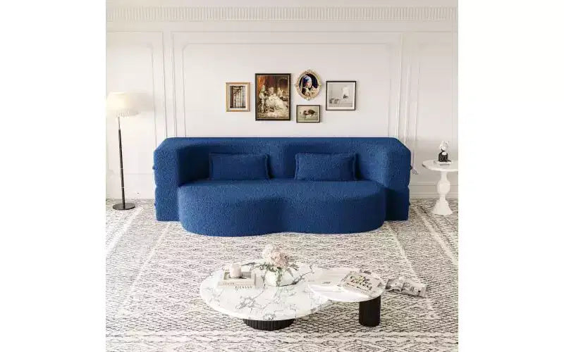Divano moderno da terra con 2 cuscini, divano letto convertibile in tessuto Teddy imbottito in schiuma per soggiorno