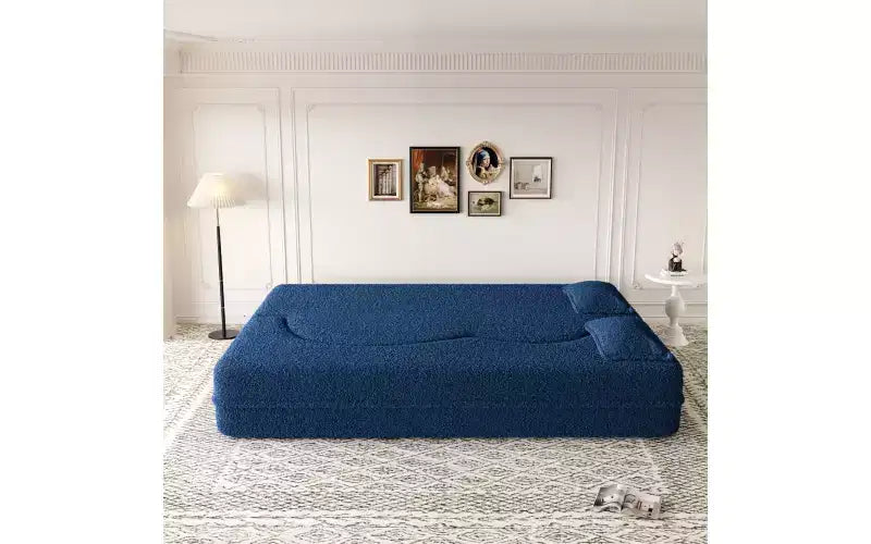 Divano moderno da terra con 2 cuscini, divano letto convertibile in tessuto Teddy imbottito in schiuma per soggiorno