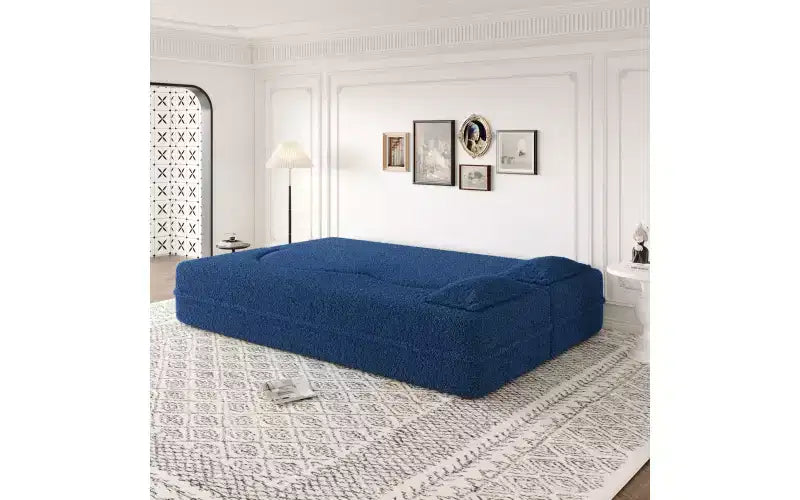 Divano moderno da terra con 2 cuscini, divano letto convertibile in tessuto Teddy imbottito in schiuma per soggiorno