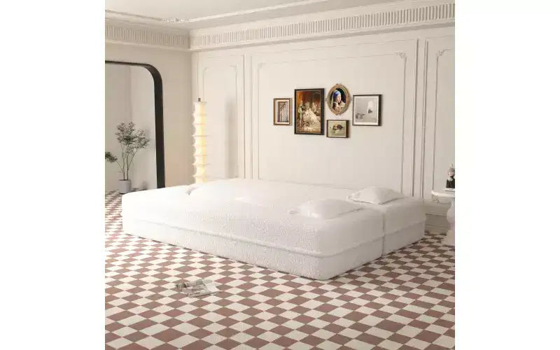 Divano moderno da terra con 2 cuscini, divano letto convertibile in tessuto Teddy imbottito in schiuma per soggiorno