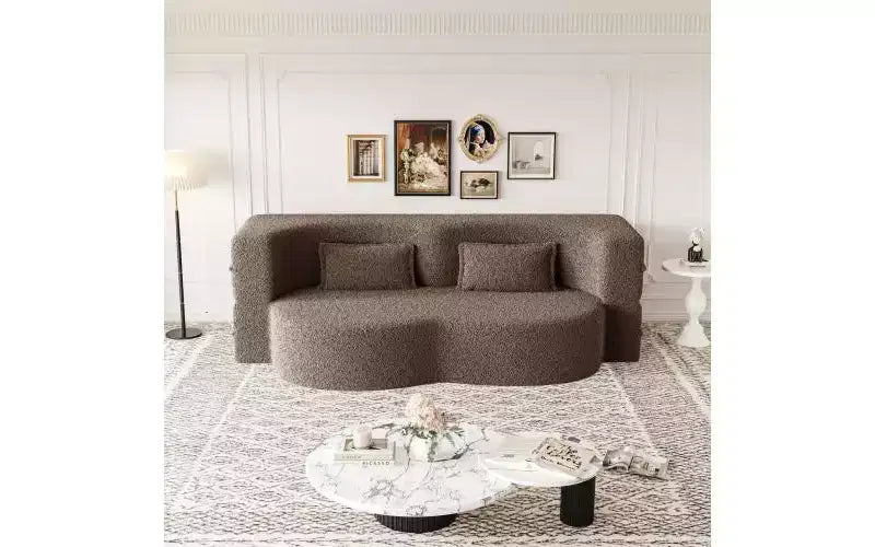 Divano moderno da terra con 2 cuscini, divano letto convertibile in tessuto Teddy imbottito in schiuma per soggiorno