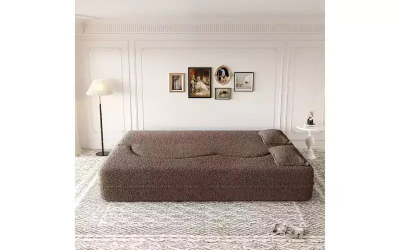 Divano moderno da terra con 2 cuscini, divano letto convertibile in tessuto Teddy imbottito in schiuma per soggiorno