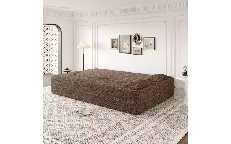 Divano moderno da terra con 2 cuscini, divano letto convertibile in tessuto Teddy imbottito in schiuma per soggiorno