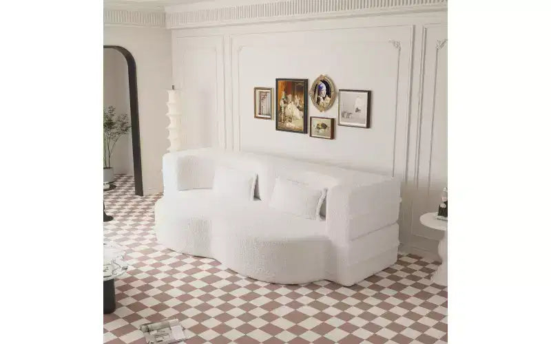Divano moderno da terra con 2 cuscini, divano letto convertibile in tessuto Teddy imbottito in schiuma per soggiorno