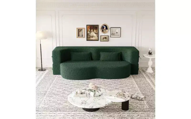 Divano moderno da terra con 2 cuscini, divano letto convertibile in tessuto Teddy imbottito in schiuma per soggiorno