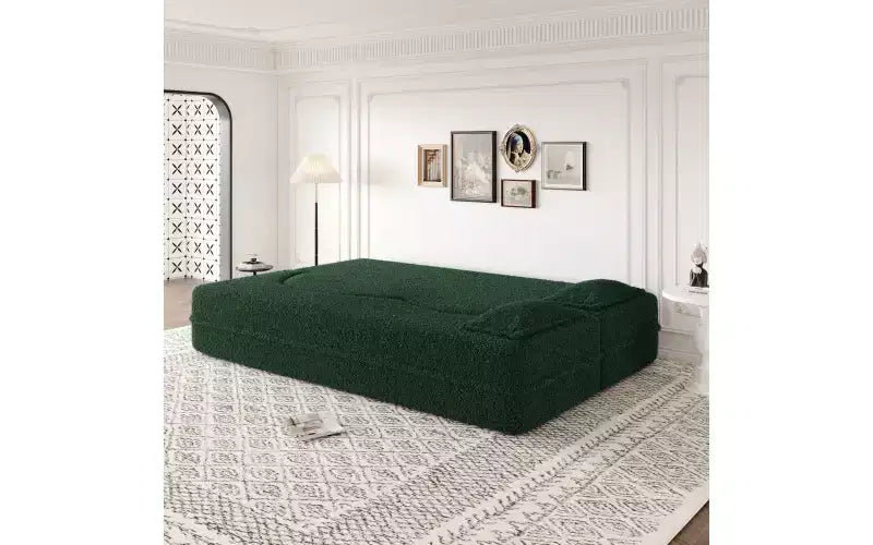 Divano moderno da terra con 2 cuscini, divano letto convertibile in tessuto Teddy imbottito in schiuma per soggiorno