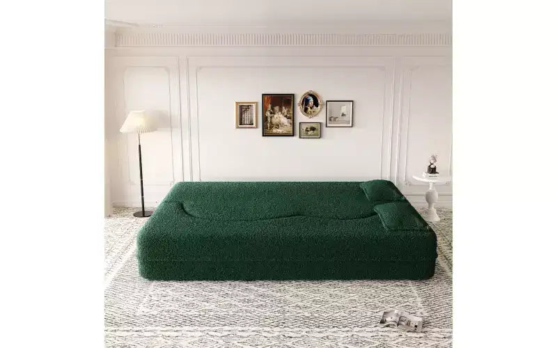 Divano moderno da terra con 2 cuscini, divano letto convertibile in tessuto Teddy imbottito in schiuma per soggiorno