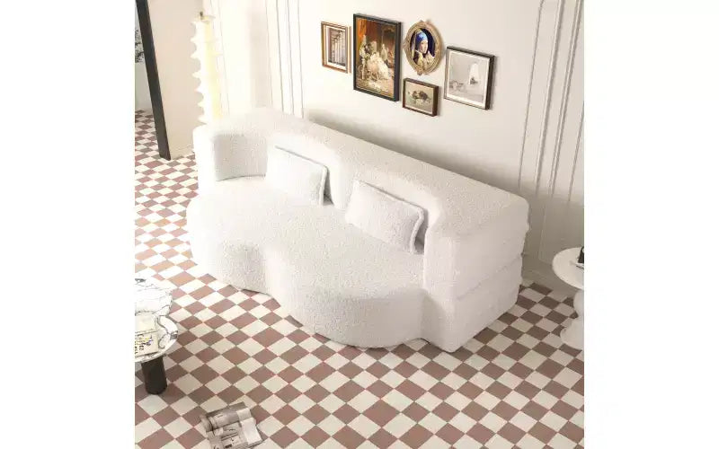 Divano moderno da terra con 2 cuscini, divano letto convertibile in tessuto Teddy imbottito in schiuma per soggiorno