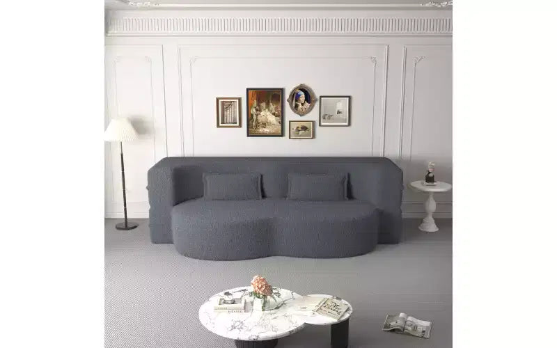 Divano moderno da terra con 2 cuscini, divano letto convertibile in tessuto Teddy imbottito in schiuma per soggiorno