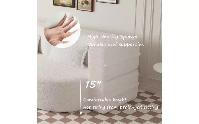 Divano moderno da terra con 2 cuscini, divano letto convertibile in tessuto Teddy imbottito in schiuma per soggiorno