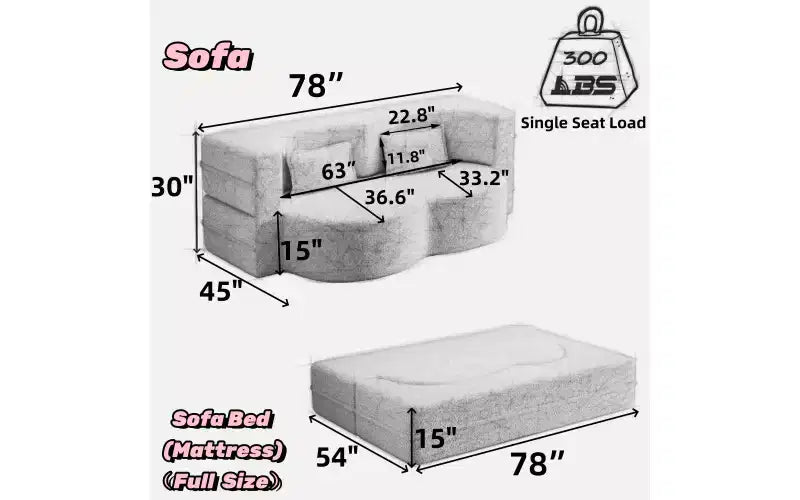 Divano moderno da terra con 2 cuscini, divano letto convertibile in tessuto Teddy imbottito in schiuma per soggiorno