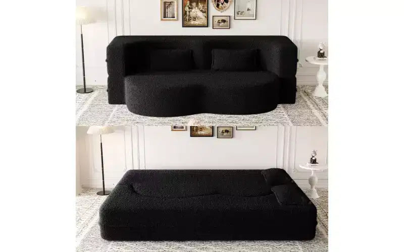Divano moderno da terra con 2 cuscini, divano letto convertibile in tessuto Teddy imbottito in schiuma per soggiorno