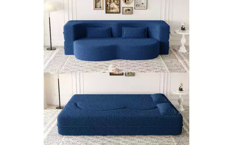 Divano moderno da terra con 2 cuscini, divano letto convertibile in tessuto Teddy imbottito in schiuma per soggiorno