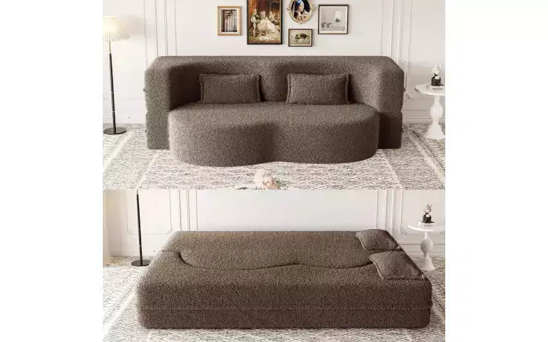 Divano moderno da terra con 2 cuscini, divano letto convertibile in tessuto Teddy imbottito in schiuma per soggiorno