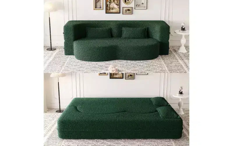Divano moderno da terra con 2 cuscini, divano letto convertibile in tessuto Teddy imbottito in schiuma per soggiorno