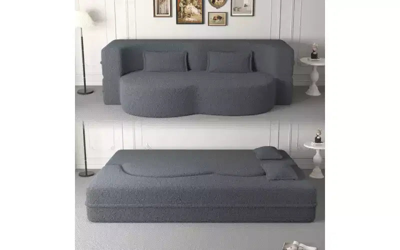 Divano moderno da terra con 2 cuscini, divano letto convertibile in tessuto Teddy imbottito in schiuma per soggiorno
