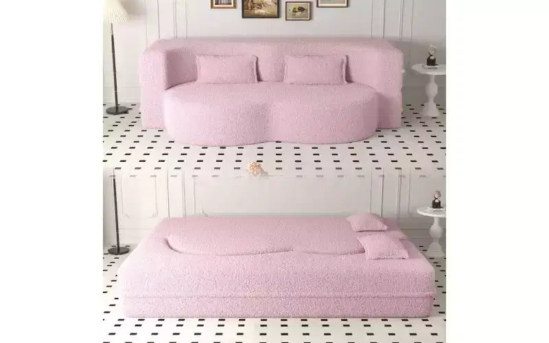 Divano moderno da terra con 2 cuscini, divano letto convertibile in tessuto Teddy imbottito in schiuma per soggiorno