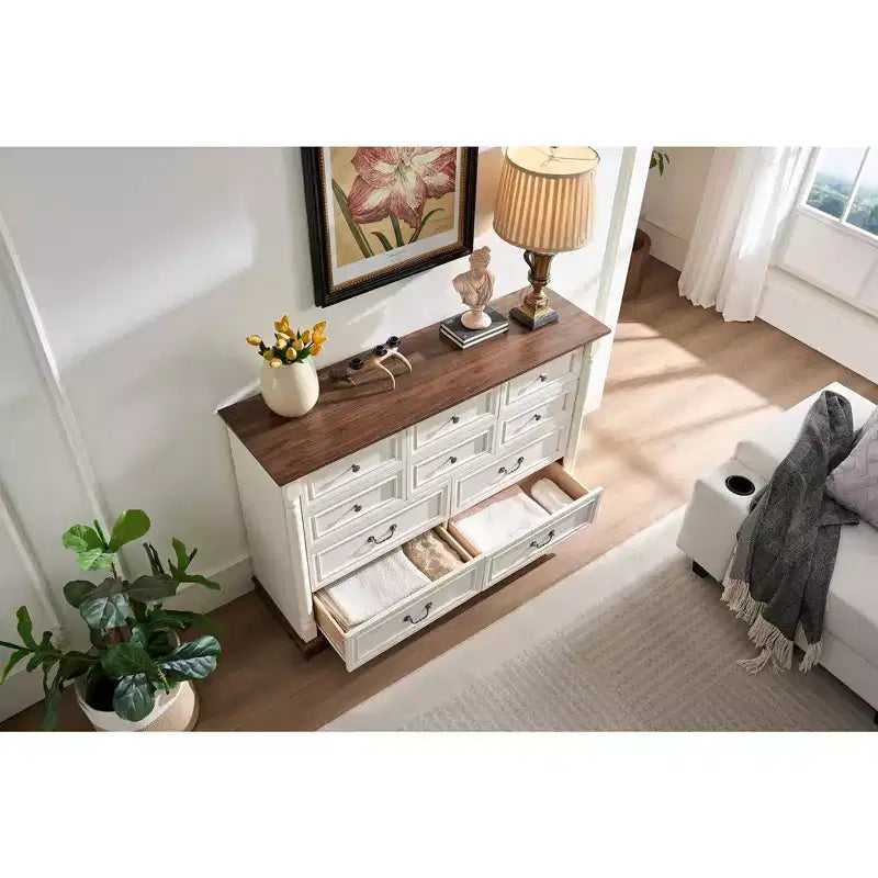Cassettiera Console da Fattoria con Cassetti, Cassettiera Rustica in Legno con Maniglia ad Anello per Camera da Letto, Soggiorno