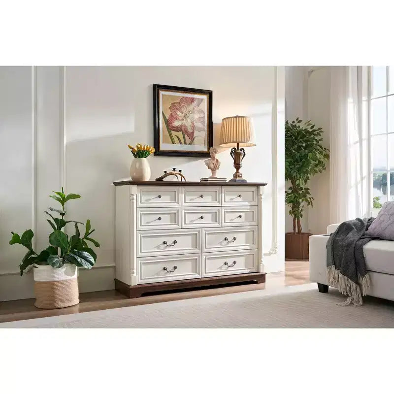 Cassettiera Console da Fattoria con Cassetti, Cassettiera Rustica in Legno con Maniglia ad Anello per Camera da Letto, Soggiorno