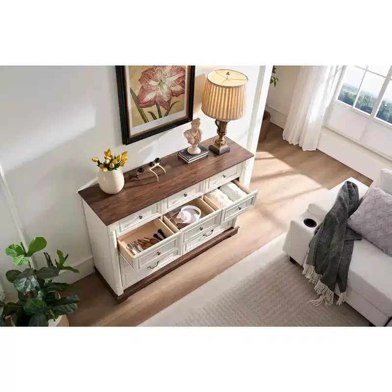 Cassettiera Console da Fattoria con Cassetti, Cassettiera Rustica in Legno con Maniglia ad Anello per Camera da Letto, Soggiorno