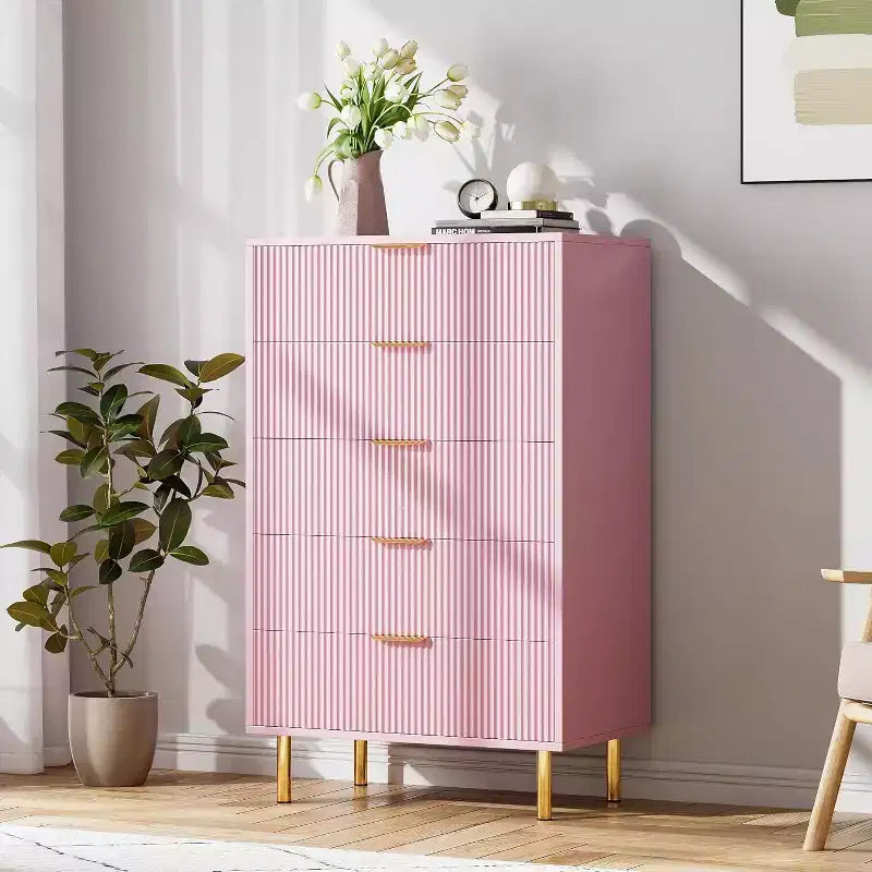 Comò a 5 cassetti, mobile contenitore in legno con maniglie dorate, comò dal design moderno per camera da letto, soggiorno