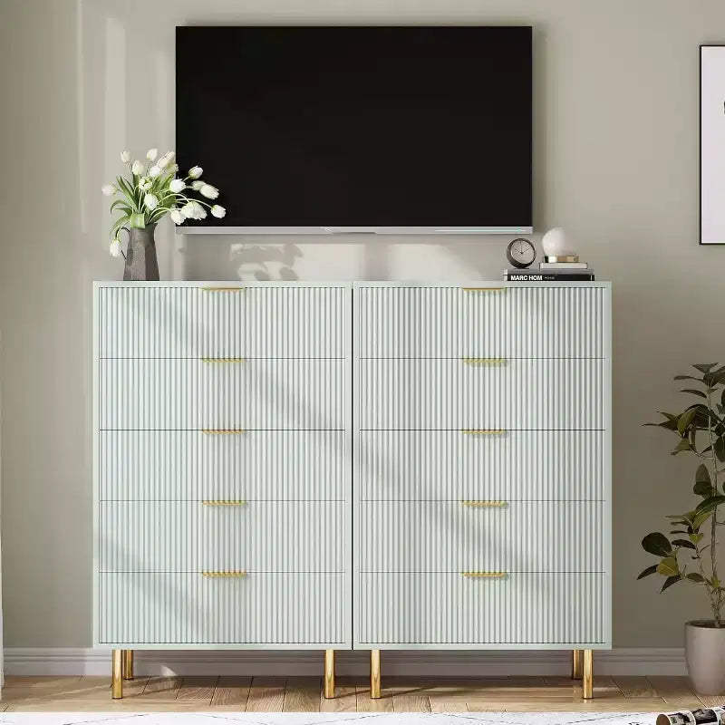 Comò a 5 cassetti, mobile contenitore in legno con maniglie dorate, comò dal design moderno per camera da letto, soggiorno