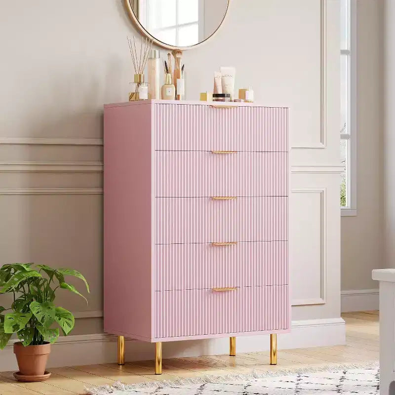 Comò a 5 cassetti, mobile contenitore in legno con maniglie dorate, comò dal design moderno per camera da letto, soggiorno