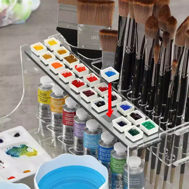 Organizzatore per Acquerelli da Studio d'Artista, Portapennelli con Tavolozza, Vaschetta Raccogli Gocce e Tazze Pieghevoli