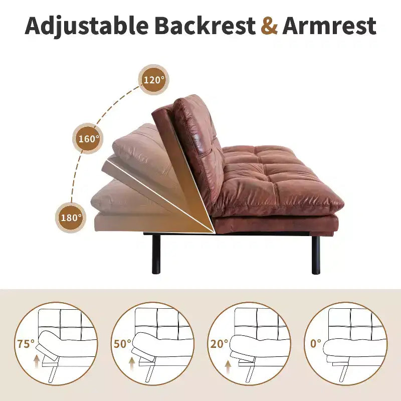Divano Letto Futon Convertibile in Ecopelle da 71" con Schienale e Braccioli Regolabili, Divanetto Trasformabile per Spazi Compatti