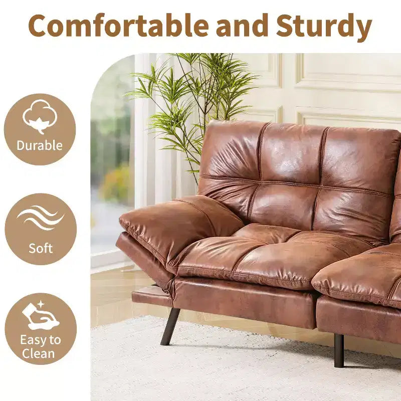 Divano Letto Futon Convertibile in Ecopelle da 71" con Schienale e Braccioli Regolabili, Divanetto Trasformabile per Spazi Compatti
