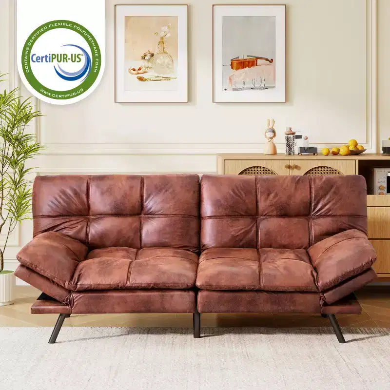 Divano Letto Futon Convertibile in Ecopelle da 71" con Schienale e Braccioli Regolabili, Divanetto Trasformabile per Spazi Compatti
