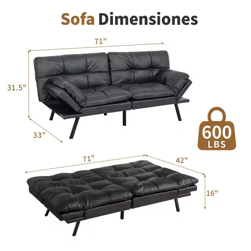 Divano Letto Futon Convertibile in Ecopelle da 71" con Schienale e Braccioli Regolabili, Divanetto Trasformabile per Spazi Compatti