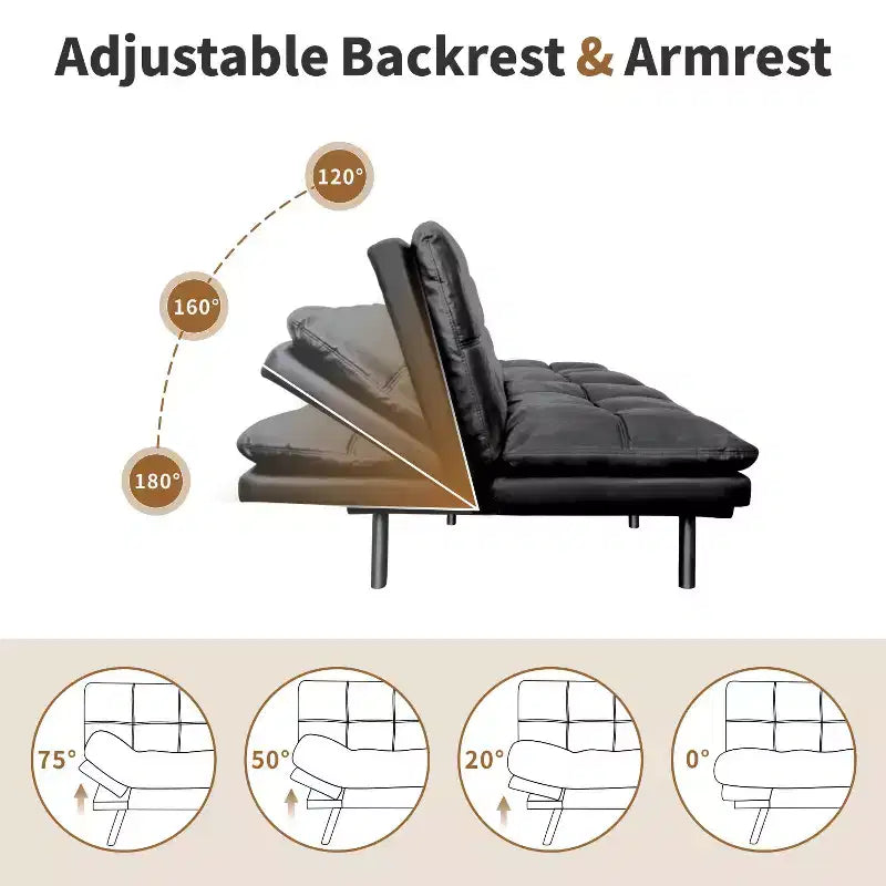 Divano Letto Futon Convertibile in Ecopelle da 71" con Schienale e Braccioli Regolabili, Divanetto Trasformabile per Spazi Compatti