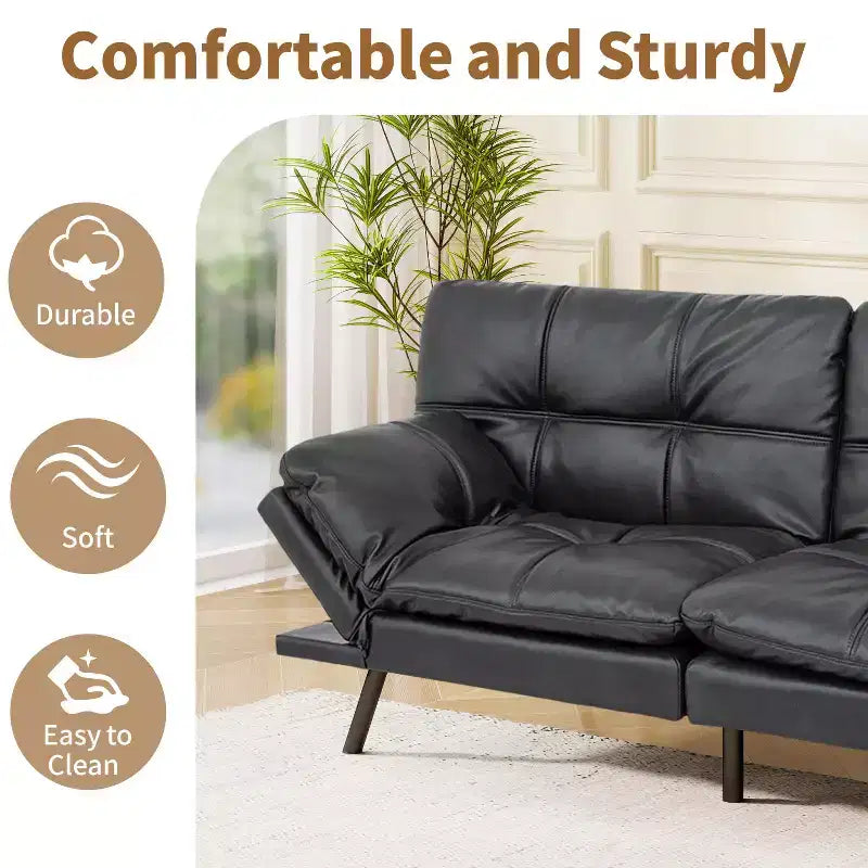 Divano Letto Futon Convertibile in Ecopelle da 71" con Schienale e Braccioli Regolabili, Divanetto Trasformabile per Spazi Compatti