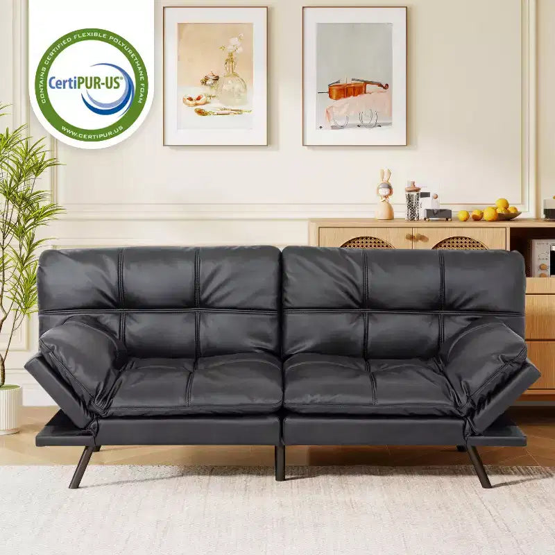 Divano Letto Futon Convertibile in Ecopelle da 71" con Schienale e Braccioli Regolabili, Divanetto Trasformabile per Spazi Compatti