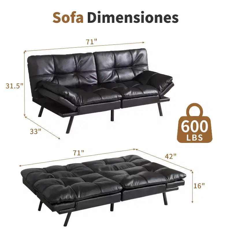 Divano Letto Futon Convertibile in Ecopelle da 71" con Schienale e Braccioli Regolabili, Divanetto Trasformabile per Spazi Compatti