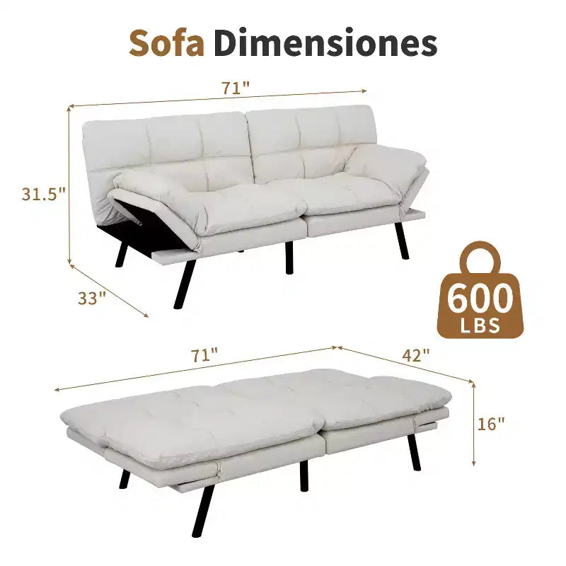 Divano Letto Futon Convertibile in Ecopelle da 71" con Schienale e Braccioli Regolabili, Divanetto Trasformabile per Spazi Compatti